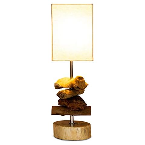 Lámpara de mesa de madera de teca con pinchos y pantalla dorada de algodón Cover