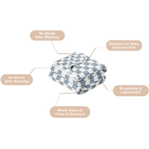 Image of Ultra Soft Cozy 100% Cotton 6-Layer Muslin Baby Blanket 41 inchx41 inch Breathable Lightweight Checkered Swaddle Blankets for Baby Boys Essentials Birthday Gifts All Seasons Both Sides (Blue)