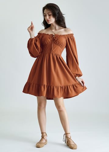 Image of Scarlet Darkness Women's Renaissance Off Shoulder Corset Mini Dress | Puff Sleeve, Lace-Up Front, Smocked, Flowy Fairy, Medieval, Peasant, Cottagecore, for Ren Faire, Pirate, Party, Daily