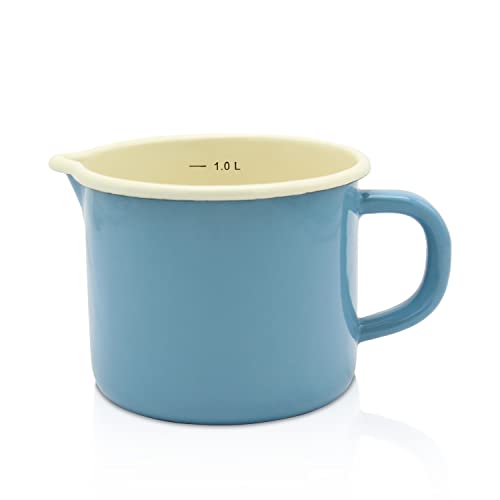 Krüger Emaille-Milchtopf Blau 12cm, 1 Liter - Topf mit Vollkontaktboden für energiesparendes Kochen - praktischer Ausguss & Literskala -...