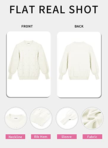 Hocosit Women's Lantern Sleeve Crewneck Pullover Sweater Elegant Knit Warm Jumper Top White Small #TOP6