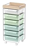 SYKIARIOL 6-Schubladen-Rollwagen mit Rollen Kunststoff-Badezimmerwagen Mehrzweck-Handwagen Werkzeug- und Aufbewahrungswagen mit Holzarbeitsplatte Geeignet für Badezimmer, Küche, Wohnzimmer, Büro