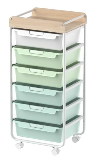 SYKIARIOL Chariot de salle de bain à 6 tiroirs avec roulettes - En plastique - Multifonction - Chariot à outils et de rangement avec plan de travail en bois - Convient pour salle de bain, cuisine