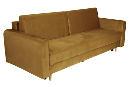 Sofá cama con somier 191x61cm (plano de reposo 195x145cm) – con reposabrazos, dos cojines – tejido: Velour, color amarillo – sofá 3 plazas, fácil de limpiar, para salón/habitación de invitados