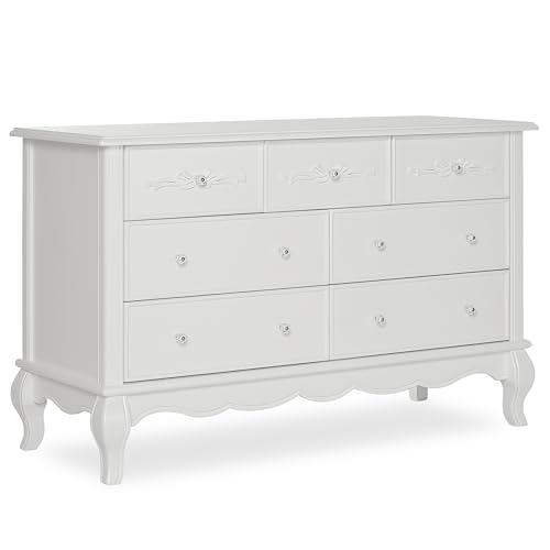 Evolur Aurora 7-Drawer Double Dresser, Assembled Baby Dresser with Crystal Knobs, Queen Anne Feet & Spacious Storage for Nursery Essentials in Frost White