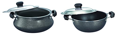Image of Prestige Aluminium Omega Select Plus Non-Stick Flat Base Kadai with Lid, 20Cm, 2.2 litres, Black & Omega Select Plus Senior Handi Dia 230Mm with Ss Lid-5 litres Combo