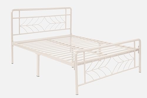 Image of Vara Metal Queen Size Bed Without Storage | Wrought Iron Double Bed with Headboard & Footboard | Sturdy Powder Coated Platform Bed Queen Size Cot for BedroomLivingRoom Ivory (75x60)