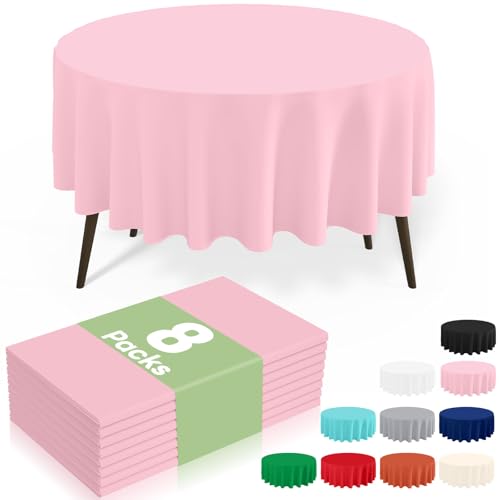 Image of misaya 8 Packs Disposable Plastic Table Cloth, 84 inch Round Waterproof Tablecloth, Leakproof & Sturdy Decorative Table Covers for Picnic, Party, Outdoor and Back to School, Pink