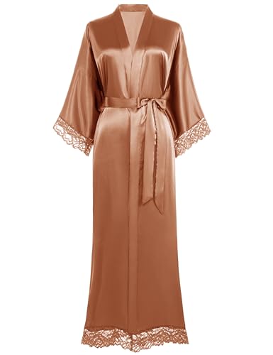 Image of BABEYOND Satin Kimono Robe Silky Long Bridesmaid Wedding Lightweight Bath Robe with Lace Trim
