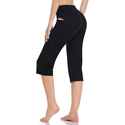 HISKYWIN Women's Yoga Capri Pants Flare Workout Bootleg Pants Bootcut Crop Side Pockets HF821-Black-L