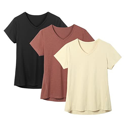 icyzone Lot de 3 t-shirts de sport à manches courtes et col en V pour femme, Noir/blanc crème/brique, M Cover