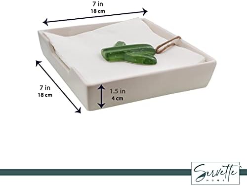 Servette Home White Ceramic Lunch Napkin Holder with Roped Weight - Cactus