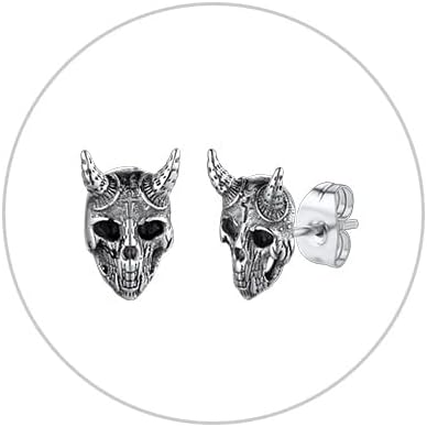 FaithHeart Satan Earrings Baphomet Goat Pentagram/Skull Stud Small Evil Satanic Earring for Men Women Black/Gold Plated/Stainless Steel
