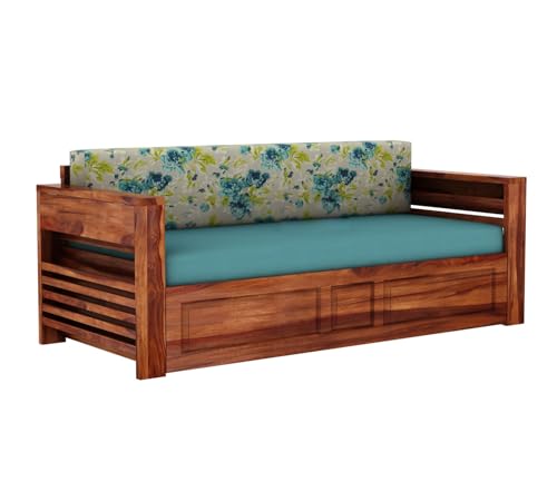 Image of Mamta Furniture Sheesham Wood Foster 3 Seater Sofa Cum Bed for Living Room Three Seater Sofa Bed for Home Sofa Com Bed Sheesham Wood |(Honey Teal Aqua Marine)