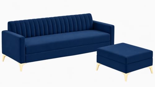 Image of AMATA Falcon ele 4 Seater Fabric Suede Velvet Royal Blue Colour Sofa Set with Two Cushions Perfect for Home Office Guests Living Room (Falcon Royal Blue 01, Falcon 4 Seater l Shape)(3 Year Warranty)