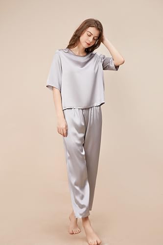 THXSILK 6A Pure Mulberry Silk Pajamas for Women 2 Piece Short Sleeve PJS Round Neck Silk Sleepwear2