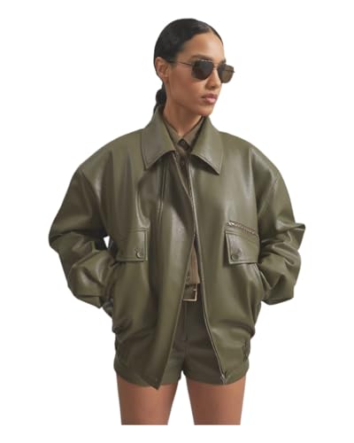 Women’s 90'S Vintage Oversized Bomber Style Casual Olive Green Genuine