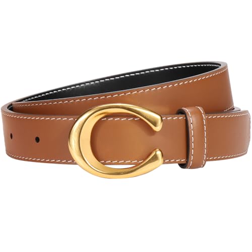 C Belt Reversible Leather Belt for Women | Black Tan Brown Belt with Gold Buckle | Womens Trendy Fashion Designer Belts for Jeans Dress Pants 95cm