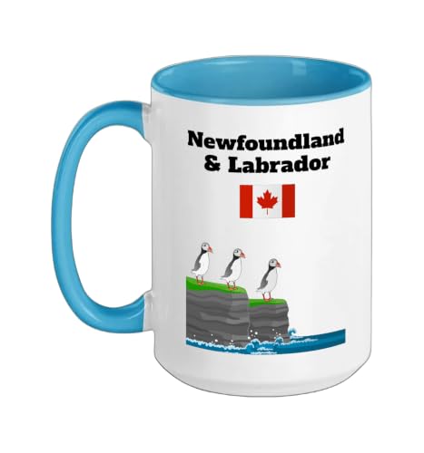 Newfoundland Labrador Puffins Sea Cliffs Canada trip flag Ceramic Mug, Blue/White, 15oz