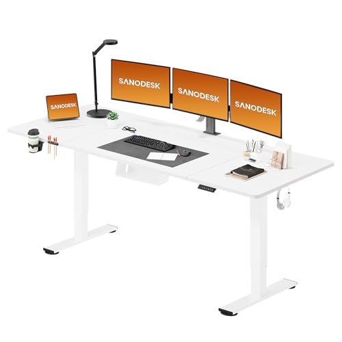SANODESK Höhenverstellbarer Schreibtisch 200×80 cm – XXL Standing Desk mit 70 kg Tragkraft, Anti-Kollisions-Schutz & vielseitigem Zubehör, ideal für Teamarbeit oder Studio(Weiß)