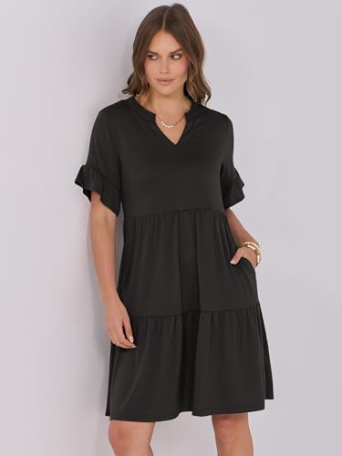 Image of ANRABESS Women's Summer Casual Dress, V-Neck Ruffle Sleeve Tiered Mini Dress, Soft Comfy Fabric with Pockets for All-Day Wear
