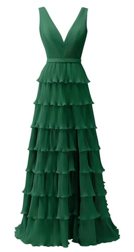 Women's Bridesmaid Dresses Long Pleated V Neck Chiffon A Line Tiered Formal Maxi Gowns 1026