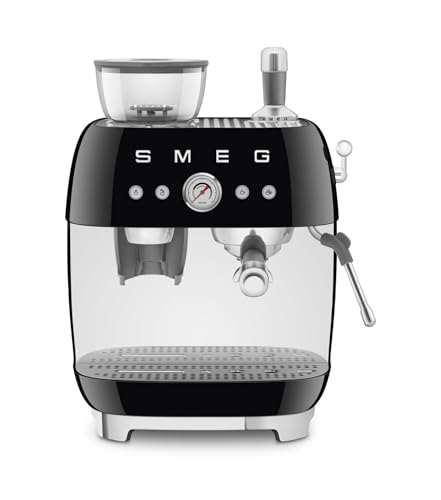 Smeg, EGF03BLEU, manuelle Espressomaschine, mit integrierter Kaffeemühle, Thermoblock, 4 Temperaturstufen, Dampfdüse und Druckmesser, 1-l-Tank, kompakte Größe, 1350 W, Schwarz