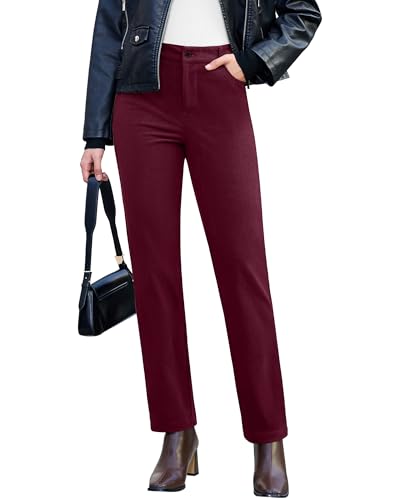 GRAPENT High Waisted Corduroy Pants Womens Bottoms Dressy Casual Women's Straight Leg Dress Pants Wine Red Medium Fits US Size 8 to 10