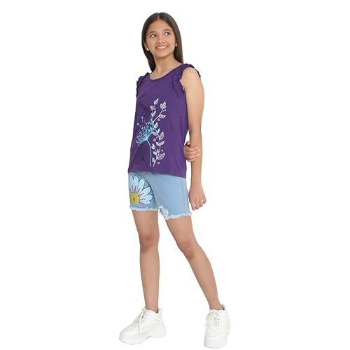 Image of TotzTouch Kids Girls Flowe printed Blue Denim Shorts With Sleeveless Tshirt | Shorts Set | Clothing Set Pack of 1 (3 Years to 15 Years)