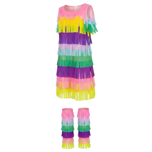 PAINEOMN Pinata Costume Women Multicolor Fringed Dress with Horn Headband Leg Sleeves Earrings Halloween Funny Cosplay Dress M by PAINEOMN - Used condition - Image 3