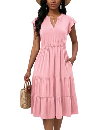 Image of Womens Summer Dress Ruffle Sleeve V Neck Midi Dresses Casual Fit Flowy Tiered Boho Beach Vacation Sundress