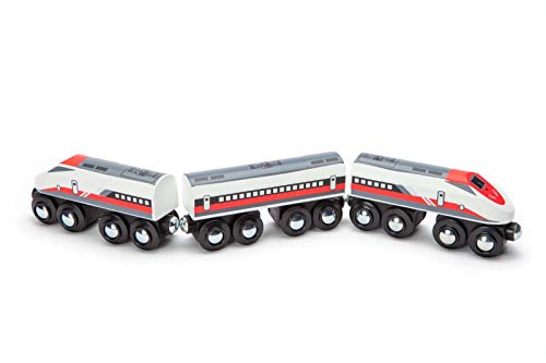 Impressive Wooden Bullet Train #2 from Maxim Enterprise - 2 Modern Toy Engines, Sleek Passenger Car, Magnetic Connectors, Rolling Wheels, Compatible with Thomas & Friends, BRIO, Melissa Doug