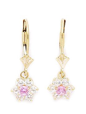 14k Yellow Gold October Pink CZ Flower Drop Leverback Earrings Measures 23x8mm Jewelry Gifts for Wom