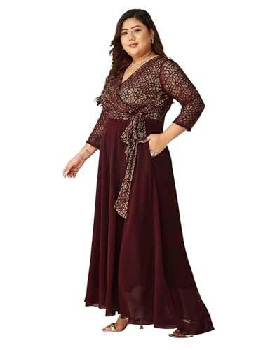 Image of Miss Chase A+ Women's Floral Printed Relaxed Fit V -Neck 3 /4Th Sleeve Georgette Maxi Dress