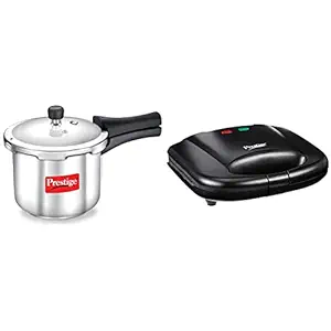 Prestige Popular Stainless Steel Pressure Cooker, 2 Litres, Silver + Prestige PGMFB 800 Watt Grill Sandwich Toaster with Fixed Grill Plates, Black