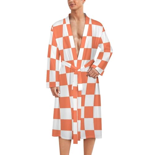 Peignoir de bain homme style kimono léger imprimé damier blanc et orange pour la sortie de douche