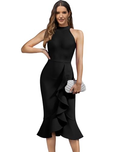 Maketina Women's Halter Mermaid Bandage Dresses Bodycon Ruffle Party Cocktail Wedding Guest Dress