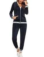 Enjyam Damen Velours Trainingsanzug Kuschelig Nicki Hausanzug 2 Teiliger Jogginganzug Zip Jacke und Jogginghose mit Tasche Navyblau,XL