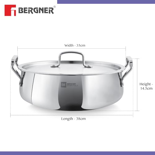 Image of Bergner Tripro BE Essentials 5 Pc Triply Cookware Set - Kadai 24cm /3L with Lid, 22cm /1.5L Frypan, Large Biryani Handi 32cm /8.4L with Lid, Less Oil Use, Healthy Cooking - Induction and Gas Stove Ready