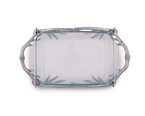 Arthur Court Metal Pyrex Glass Casserole Dish Holder Rustic Antler Pattern Sand Casted In Aluminum With Artisan Quality Hand Polished Design Tarnish-Free 21 Inch Long 3 Quart Removable Dish Included #TOP3