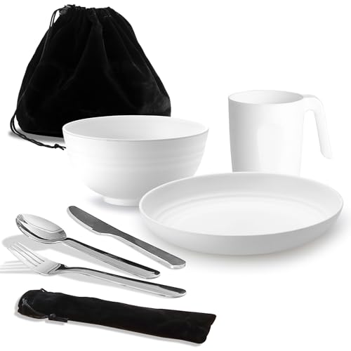 Camping Utensils, Reanea Camping Mess Kit for Travel, Camping, Picnic, Outdoor, Camping Gear Include Knife, Spoon, Fork Cutlery Set, Cup, Bowl, Plate, Camping Essentials for 1