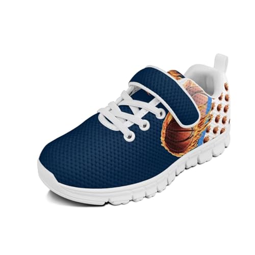 Glomenade Boys Girls Blue Sneakers Creative Flame Basketball Kids Lightweight Breathable Adjustable Hook-and-Loop Athletic Running Shoes Fitness Shoe for Toddler/Little Kid/Big Kid