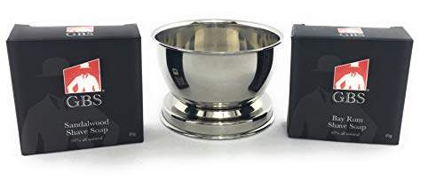 GBS Chrome Shaving Bowl! Comes with 2 Pack of Shaving Soaps 97% All Natural Bay Rum and Sandalwood Scent!
