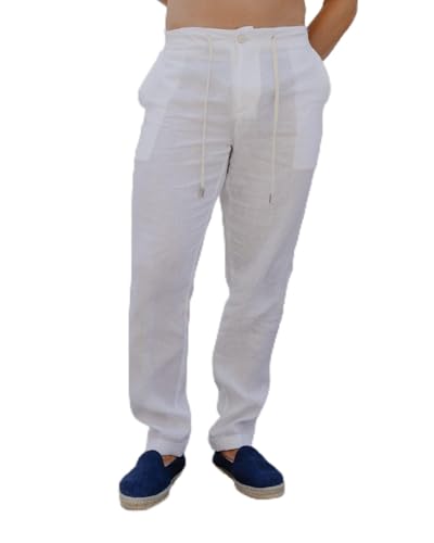 Men's Linen Dress Pants, Pure White, S-XXL, Italian, Mid-Rise, Relaxed Fit, Straight Leg, Elasticated Back, 100% Pure Linen