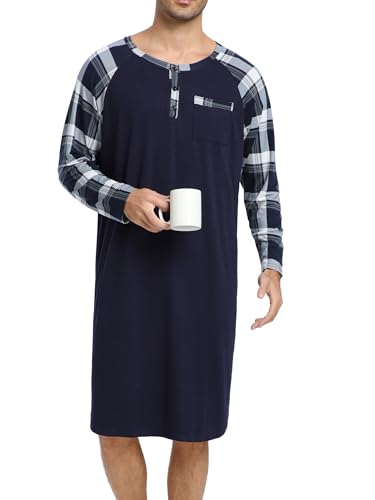 Camisón Hombre Algodón Camisetas de Pijama Larga Dormir Suave Transpirable Camisa de Noche de Mangas Largas Camison Hospital Ropa de Dormir para Descansar Azul Marino+Cuadros XL