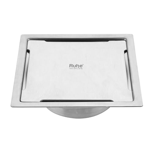 Image of Ruhe Diamond Square Flat Cut Floor Drain | 304-Grade Stainless Steel Floor Drain with Collar & Cockroach Trap (6 x 6 Inches) | Floor Drainer for Bathroom, Balcony