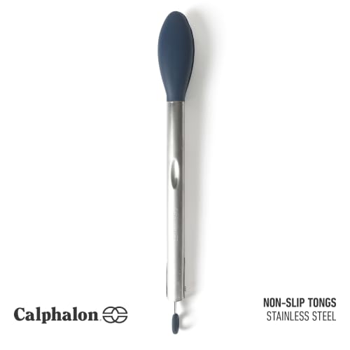 Image of Calphalon Kitchen Tongs, Stainless Steel Locking Tongs with Heat-Resistant Silicone Heads, Nonstick-Safe Cooking Tongs for Grilling, Serving & Food Prep, Navy Blue