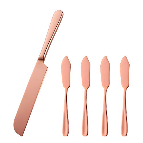 Mingcheng 5-Pieces Stainless Steel Bread Knives & Cheese Spreader Set, Cute Mini 6.2 in Butter Cheese Knife and 10.5 in Classic Service Knife for Butter Sandwiches Cheese Breakfast(Rose Gold)