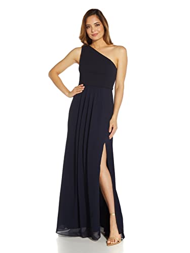 Adrianna Papell Women's One Shoulder Chiffon Gown | Long Evening Gown with Pleated Skirt, Fitted Bodice & Side Leg Slit, Midnight 10