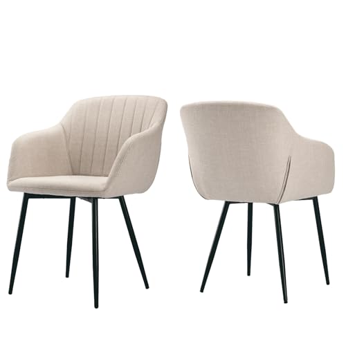 Chaises Beige Salle à Manger avec Accoudoirs Lot de 2 Chaises Fauteuil rembourrée en Polyester Pieds en Métal Noir pour Salle Cuisine